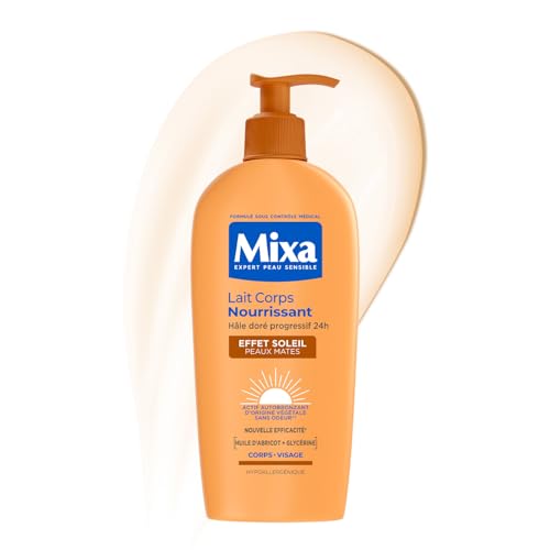 MIXA - Autobronzant - Lait Corps Nourrissant Effet Soleil - Autobronzant Progressif 24H - Nutrition - Beurre de Karité & Huile d’Abricot - Corps & Visage - Peaux Mates - 250ml
