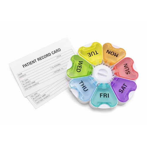 Safe & Sound Extra One Times Daily Push-Button Pill Box with Central Compartment – 7 Day Organiser with 2 Patient Cards – Easy Open Design for Medication & Vitamins