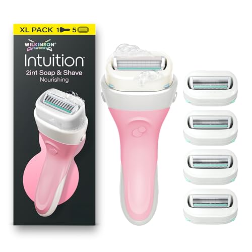 Wilkinson Sword Intuition 2in1 Soap & Shave Nourishing Razors for Women, Built-in Vegan Soap, XL Pack, Women's Razor Handle Plus 5 Blade Refills