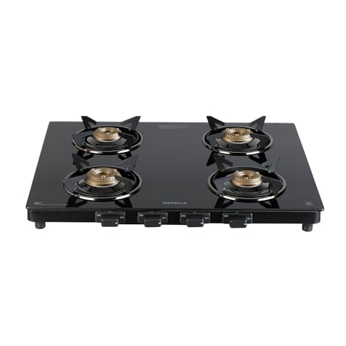 Havells GEOSLIM Gas stove |4 Heavy Duty Forged Brass Burner|6 mm Toughened Glass|Premium Valves|Removable Drip Tray|Soft Touch Knobs|5 year Warranty o