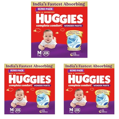 Huggies Complete Comfort Wonder Pants | Pant Style Baby Diapers Medium Size (M), 228 Count | India's Fastest Absorbing Diaper, Prevents Diaper Rash, I