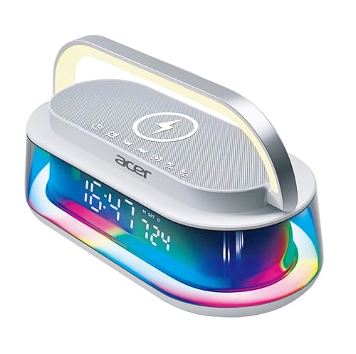 acer GlowTime Alarm Clock Bluetooth Speaker with 15W Wireless Charging | 10W Stereo Output (5W×2) | 13 RGB Lighting Effect | FM, USB/TF/AUX | Timer, W