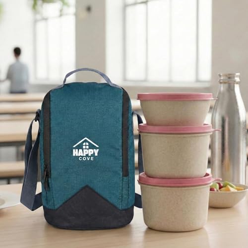 Happy Cove Eco Friendly Lunch Box for Office Use, Made of Wheat Straw and Rice Husk, 3 Microwave Safe Pink Containers, Tiffin Box for Men with Lunch B