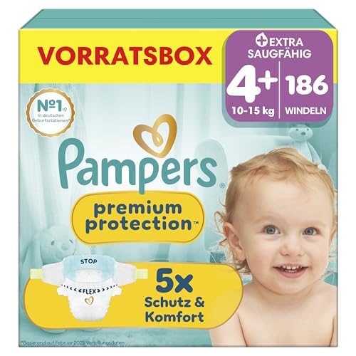 🔥 STARKER PREIS (-28%) Pampers Premium Protection Größe 4+, 186 Windeln, 10kg-15kg
