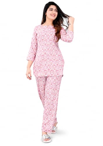 Amazon Brand - Tavasya Womens Ethnic Print Cotton Straight Co-ord Set with Pocket | Casual Wear |3/4th Raglan Sleeve | Regular Fit