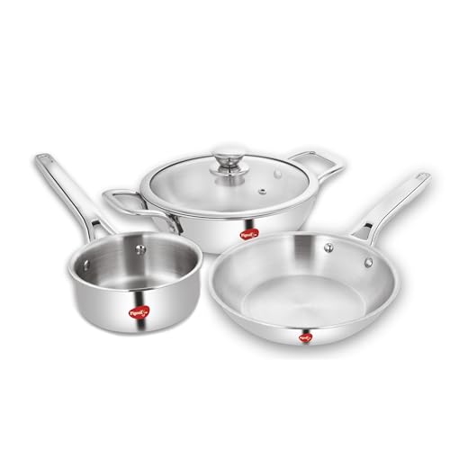 Elite Stainless Steel Triply 4 Pcs Gift Set - 22cm (2L) Kadai, 22cm (1L) Frypan and 14cm (1.1L) Saucepan, Less Oil Use, Easy to Clean - Induction and 