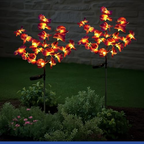🔥 STARKER PREIS (-60%) Maximex Solar LED Gartenstecker Orchideen, 2er Set, warmgelbe LEDs, 2 Lichtmodi, Dämmerungssensor, wetterfest, Solar Gartenbeleuchtung für Beete und Pflanzkübel, 20-55 x 75 cm, Kunststoff/Metall