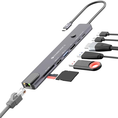Zebronics 8-in-1 Type-C Multiport Hub, 100W PD Support, 5Gbps Data Transfer, HDMI 1.4 (4K@30Hz) with On/Off Button, USB, SD, mSD, RJ45, Metal Body, LE
