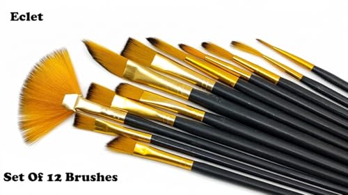 Eclet Craft 12-Piece Paint Brush Set – Professional Round Pointed Nylon Hair Brushes for Acrylic, Watercolor & Oil Painting (Basic Model)