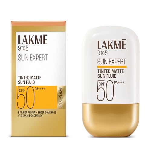 Lakme Sun Expert Tinted Dry Matte Sunscreen Fluid SPF 50+ PA++++ | 1% Ceramide Complex for Skin Barrier Repair | Sheer Coverage Foundation Like Finish