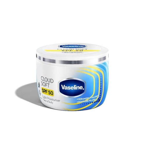 Vaseline Cloud Soft SPF 50 PA ++++ Light Moisturiser, 200 ml, for Soft and Bouncy Skin, with Ceramides & Hyaluron Moisture Fillers, Non-Sticky and Lig
