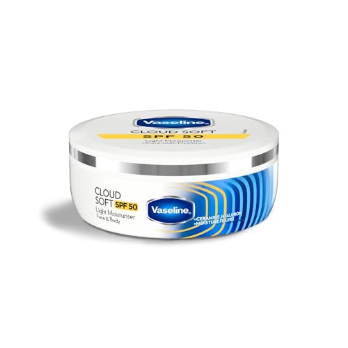 VASELINE Cloud Soft SPF 50 PA ++++ Light Moisturiser, 100 ml, for Soft and Bouncy Skin, with Ceramides & Hyaluron Moisture Fillers, Non-Sticky and Lig
