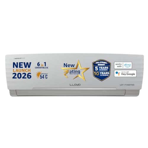 Lloyd 1.5 Ton 5 Star Wi-Fi Inverter Split AC 2026 New Star Rated (6 in 1 Convertible, Cools Up To 54°C, Voice & Wi-Fi Enabled, DG Mode, Ice Clean, 4 W