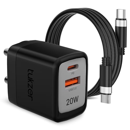 Tukzer 20W Dual Port GaN3 Ultra 2X Faster Charger Adapter (Type C PD3.0 & USB QC3.0) with Type C to C Cable for iPhone 17/17 Plus/17 Pro/17 Pro Max, 1