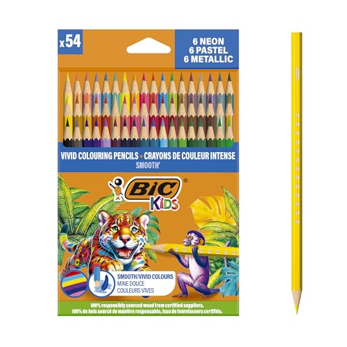 BIC Kids Smooth Crayons de couleur fabriqués avec 100% de bois sourcé de manière responsable - Couleurs standard, métallique, pastel et néon assorties, Pack de 54