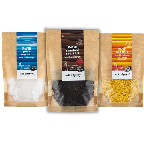 Salt Odyssey Greek Sea Salt Refill Combo in Resealable Kraft Pouches – Pure, Smoked, Lemon & Turmeric Sea Salt | Natural Coarse Crystals for Salt Mills & Grinders, 3 x 190 g (Total: 570 g)