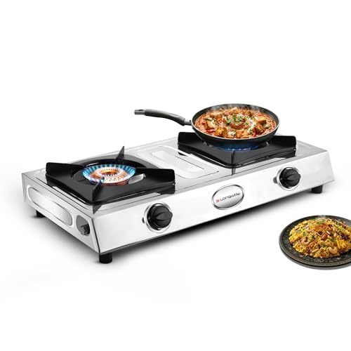 Longway Stellar Stainless Steel Top, 2 Burner Manual Ignition Stainless Steel Gas Stove (Silver, ISI Certified, 2 Year Warranty)