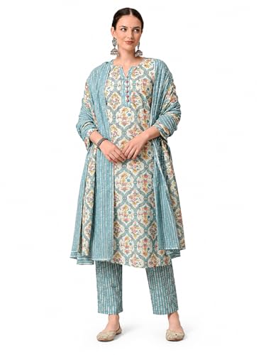 Amazon Brand - Tavasya Womens Floral Printed Regular Pure Cotton Kurta with Trousers & Dupatta | Kurta Set | Salwar Suit | Ethnic Wear