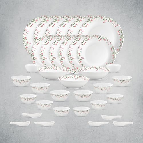 La Opala Opal Glass Crockery | for Family of 6 | Dinner Set 35 pcs Spring Meadows | Plates & Bowls for Dining | Microwave Safe | 100% Vegetarian | Ext