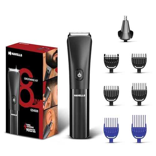 Havells 8 in 1 Grooming Kit |2-in-1 Special Blade|Nose & Ear Attachment|4 Beard & 2 Hair Combs|Type C Turbo Charge|No Nicks & Cuts|2 Year Guarantee|GS