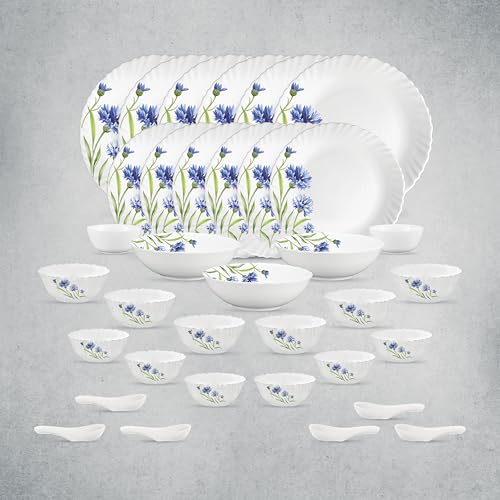 La Opala Opal Glass Crockery | for Family of 6 | Dinner Set 35 pcs Floral Fountain | Plates & Bowls for Dining | Microwave Safe | 100% Vegetarian | Ex