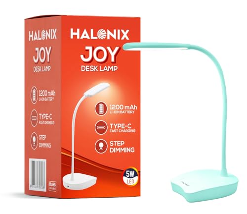 Halonix Joy Rechargeable Desk Lamp with C-Type Charging | LED Study Table Lamp with Step Dimming | Li-ion Battery | Portable Eye-Care Light for Study,