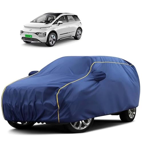Sulfar 100% Water Resistant Car Body Cover Compatible with Mirror for MG Windsor EV (Triple Stitched, Full Bottom Elastic, Blue Tafetta with Yellow Pi
