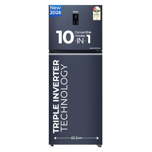 Haier 328L Frost Free Double Door 2 Star Refrigerator with Top Freezer, 10 In 1 Convertible Modes, Triple Inverter Technology, External Digital Displa