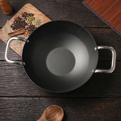 Lifelong Carbon Steel (Iron) Kadhai 24cm | High Heat Stir Fry & Bhuna Kadhai with Stainless Steel Handle | Naturally Seasoned Non-Stick Surface | Indu