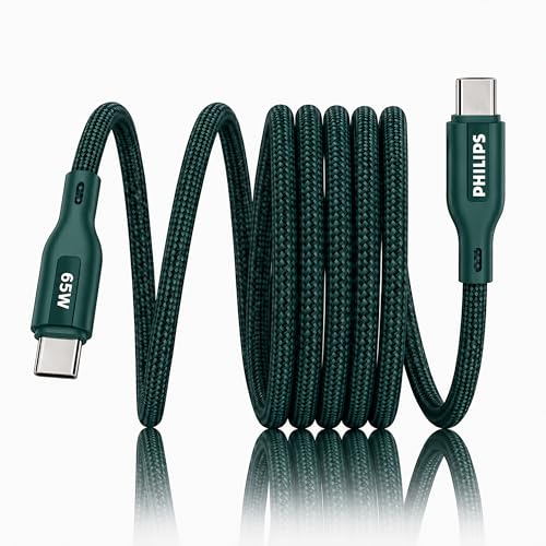 PHILIPS DLC4160CT/94 65W Type-C to Type-C Fast Charging Cable (2m, Crystal Teal) | Nylon Braided | Compatible with iPhone 15+ Series, USB-C iPad Model