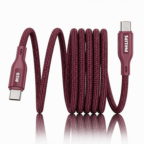 PHILIPS DLC4130CI/94 65W Type-C to Type-C Fast Charging Cable (1m, Iron Red) | Nylon Braided | Compatible with iPhone 15+ Series, USB-C iPad Models, S