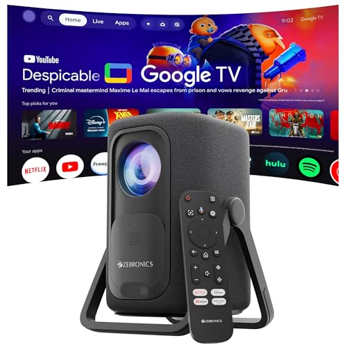 Zebronics Official Google TV Projector, 7500 Lumens, 4K Support, 200” Display, Auto Focus & Keystone, 270° Tilt, Portable Home Theater Cinema,Netflix,