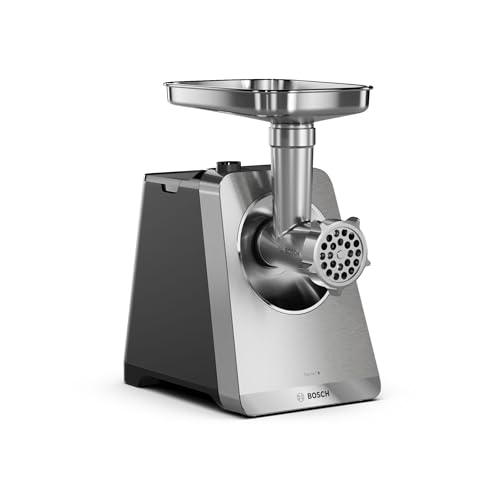 (-17%) Bosch Fleischwolf Serie 8, 3 Lochscheiben (3/4,5 / 8mm), Edelstahl, spülmaschinenfest, Kebbe- & Wurst-Aufsatz, Motorblockleistung 2.500 W, elektrisch, MultiPower MFWS820M