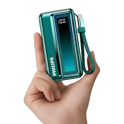 Philips DLP2721NC/94 20000mAh 45W Fast Charging Power Bank with Built-in Type-C Cable (Chrystal Teal) | Digital LED Display | Lithium Polymer | 2 Type