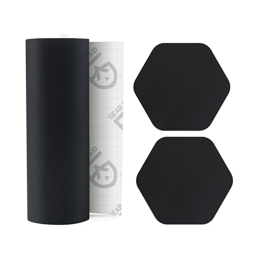 GEAR AID Fita adesiva resistente em nylon, 7,6 x 50,8 cm, (2) remendos hexagonais de 3,8 cm, conserto de buracos e rasgos em jaquetas, roupas de chuva e equipamentos para ar livre, preto