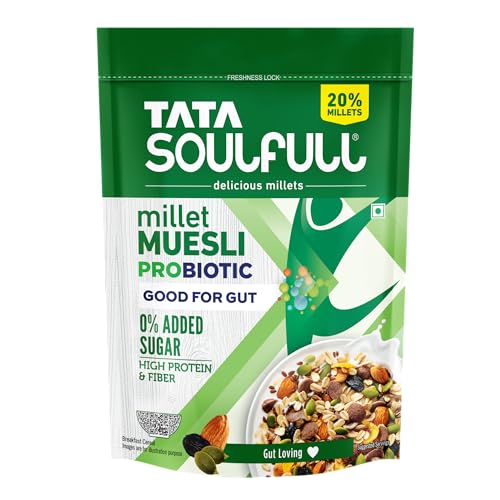 Tata Soulfull Ultimate Millet Muesli Probiotic, 350g | High Protein & High Fibre Breakfast Cereal | 0% Added Sugar | Made with Millets, Rolled Oats, N