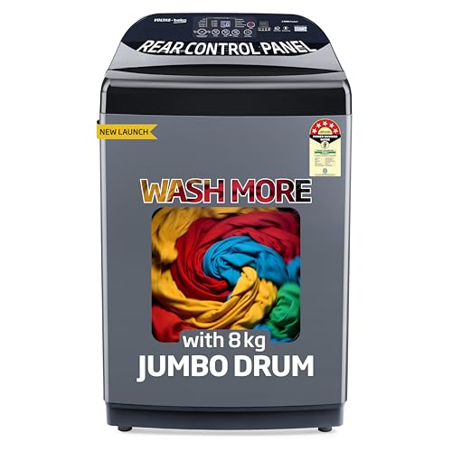 Voltas Beko, A Tata Product 8 Kg 5 Star Fully-Automatic Top Loading Washing Machine (WTL8006UEA1 / OBS1060, Grey, with Double waterfall technology)