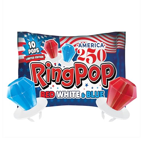 Ring Pop Red White & Blue Lollipops – Bulk Candy Individually Wrapped Wearable Hard Candy Rings – Cherry & Blue Raspberry Flavored Lollipop, Hard Sweets for Party Favors, Kids & Goodie Bags – 10 Count