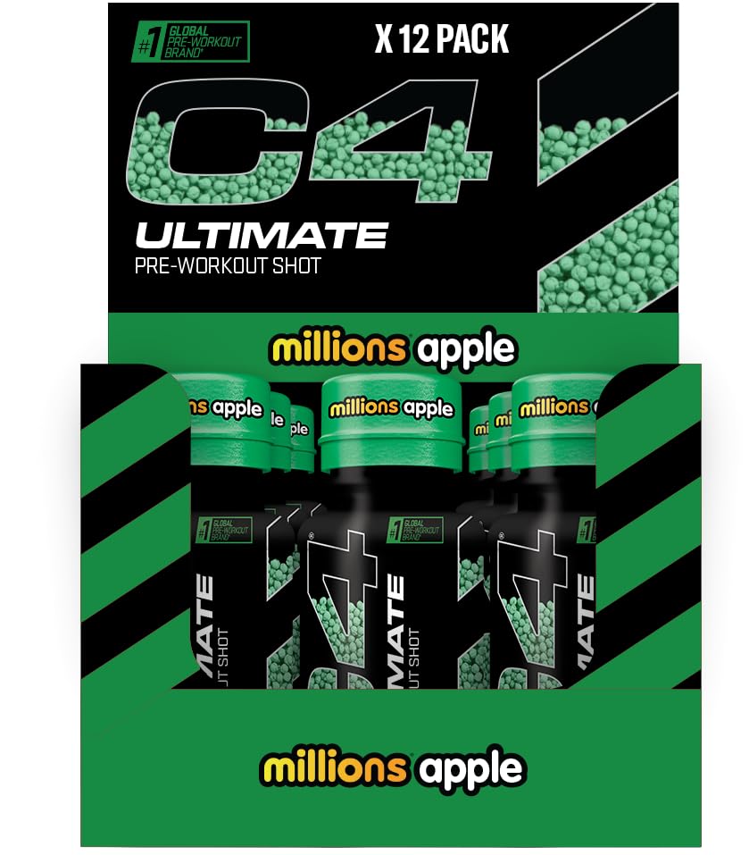 C4 Ultimate Pre Workout Shot | Green Apple Millions Flavour Energy Shots, 12 x 60ml Bottles | Sugar Free Energy Drink with 150g Caffeine, Beta Alanine, L Arginine, Vitamin B6, Vitamin B12, Amino Acids