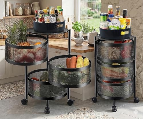 HomeWiz 3-Layer Round Kitchen Trolley | Movable Storage Organizer for Fruits & Vegetables | Perforated Mesh Baskets with Solid Flat Top | Multipurpose