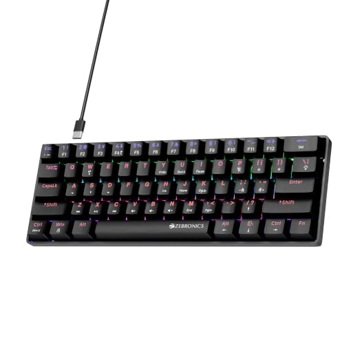 Zebronics Mechanical Keyboard, Silent Linear Red Switches, 61 Keys Layout, 26 Key Anti Ghosting, Double Shot Keycaps, 17 LED Modes, Media Controls, 1.