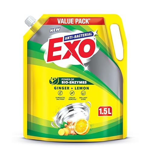 Exo Anti-Bacterial Liquid Dishwash Gel - 1.5L Value Pack| Anti-Bacterial Formula with Ginger & Lemon for Sparkling Clean Utensils |Powered with Bio En