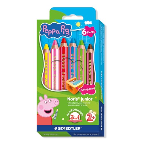 (-24%) STAEDTLER Noris junior Buntstifte Peppa Wutz 6er Set - 3 in 1 Wachsmal-Aquarellstifte für vielseitiges Malen - Extra weiche Farbminen für kräftige Farben - Kinderstifte aus nachhaltigem Holz