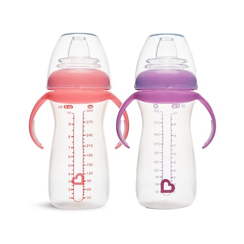 Munchkin Gentle Transition Baby Cups | Clear Babies & Toddler Sippy Cups with Handles & Lids | BPA Free Non Spill Cup |Baby Led Weaning| Leakproof 9+ Months| 10oz/296ml | 2 Pack | Pink/Purple
