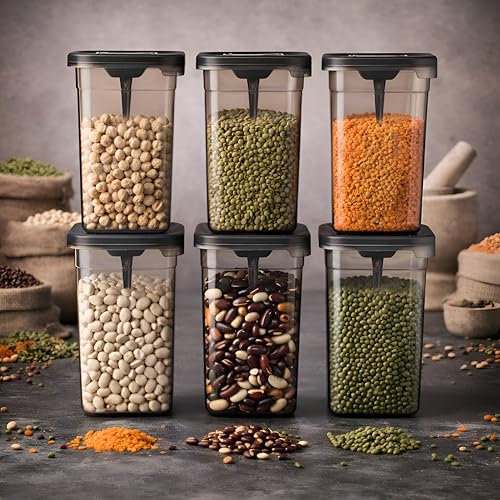 HomeWiz Airtight Kitchen Storage Box 1100ml Pack of 6 with Spoon | Food Grade BPA-Free Kitchen Jars | Storage & Containers Set | Container Set for Pul