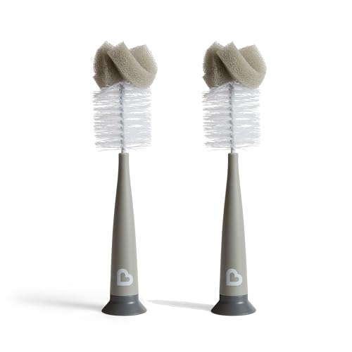 Munchkin Bottle Brush | For Cleaning Baby & Water Bottles with Built In Teat Brush | Freestanding | Dishwasher Safe | Sponge Brush | 2 Pack | Cool Grey