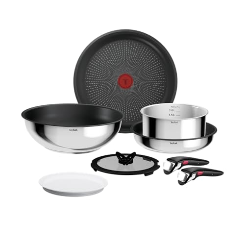 (-25%) Tefal Ingenio Comfort Max 8-tlg. Kochgeschirr-Set, Titanium Antihaftversiegelung, stapelbar, platzsparend, Thermo-Signal, für alle Herdarten, sicherer Griff, mühelose Reinigung, Edelstahl, L966S844