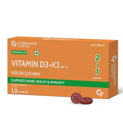 Carbamide Forte Vitamin D3 K2 Supplement | Vitamin K2 MK7 to Support Bone & Heart Health | Veg D3 - Lichen - 10 Tablets