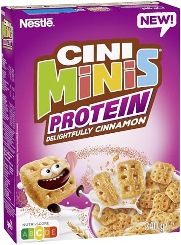 🔥 STARKER PREIS (-34%) Nestlé CINI MINIS Protein, Zimt Cerealien, 45% vitales Vollkorn, mit Vitaminen, Calcium und Eisen, Crunchy Flakes, 1er Pack (1 x 340g)