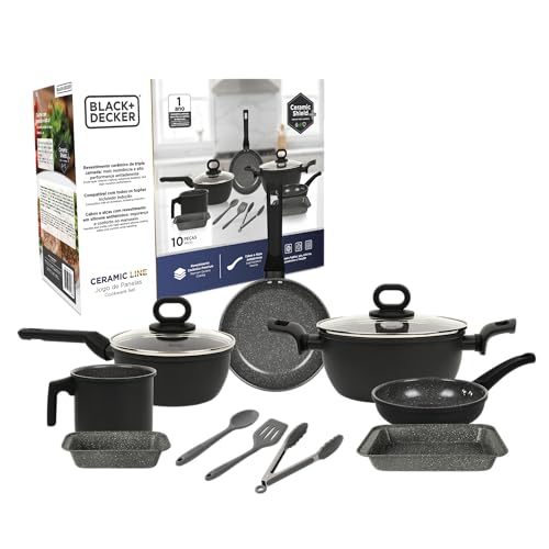 Jogo de Panelas BLACK DECKER 10 Peças Ceramic Line - Preto | Revestimento Antiaderente em Cerâmica, Compatível com Fogão de Indução, Tampa de Vidro e Utensílios de Silicone